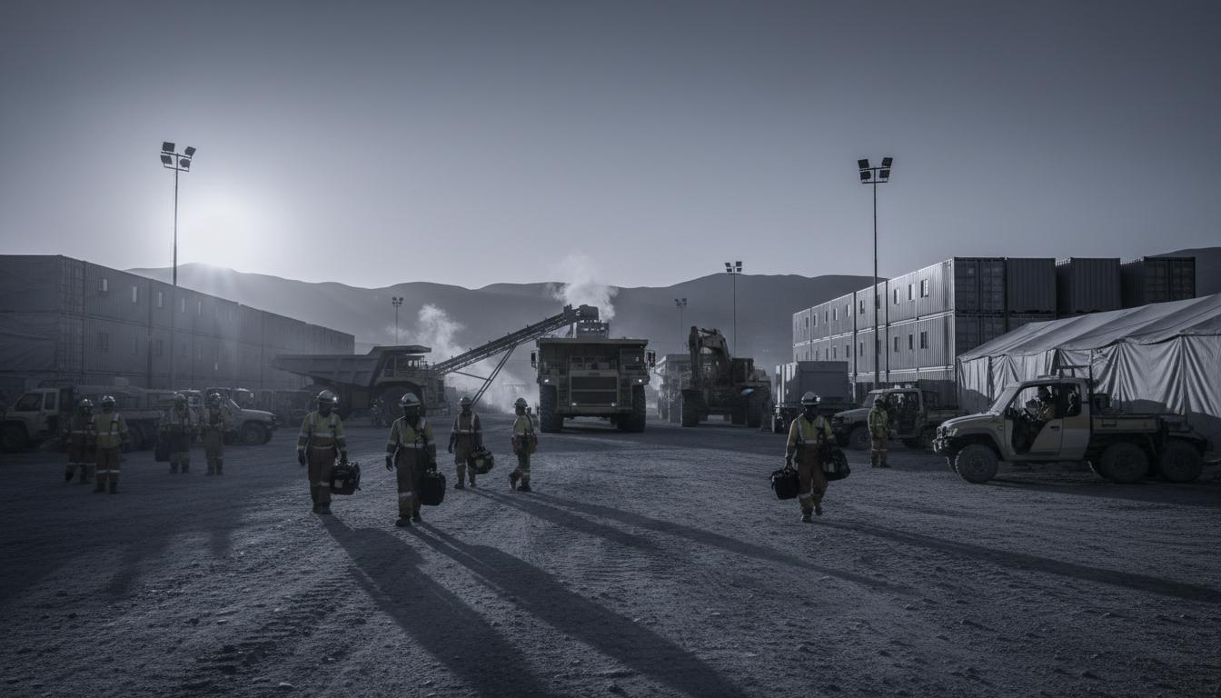 FIFO workforce travel — industrial workers boarding a charter aircraft for a remote mine site rotation in northern Canada